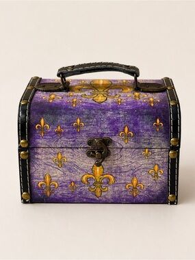 Vintage Purple Fleur De Lis Trinket Jewelry Box‎ Chest Lockable
